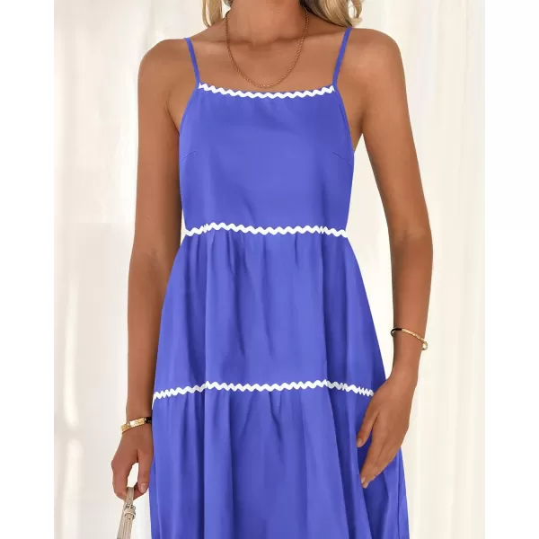 BTFBM Boho Summer Dresses 2024 Vacation Spaghetti Strap Backless RIC Rac Trim Tiered ALine Long Casual Swing SundressSolid Blue