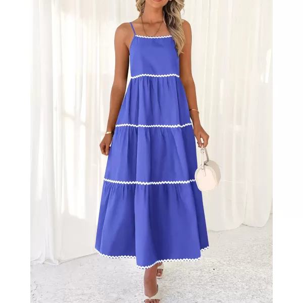 BTFBM Boho Summer Dresses 2024 Vacation Spaghetti Strap Backless RIC Rac Trim Tiered ALine Long Casual Swing SundressSolid Blue