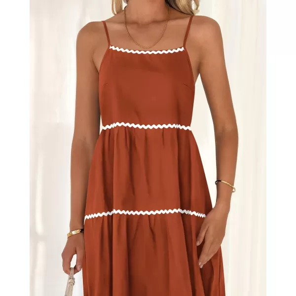 BTFBM Boho Summer Dresses 2024 Vacation Spaghetti Strap Backless RIC Rac Trim Tiered ALine Long Casual Swing SundressSolid Brick Red