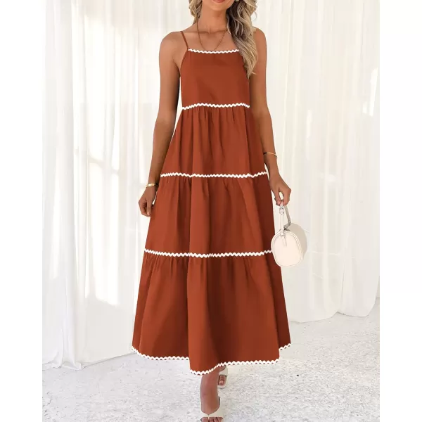 BTFBM Boho Summer Dresses 2024 Vacation Spaghetti Strap Backless RIC Rac Trim Tiered ALine Long Casual Swing SundressSolid Brick Red