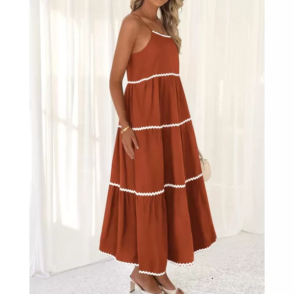 BTFBM Boho Summer Dresses 2024 Vacation Spaghetti Strap Backless RIC Rac Trim Tiered ALine Long Casual Swing SundressSolid Brick Red
