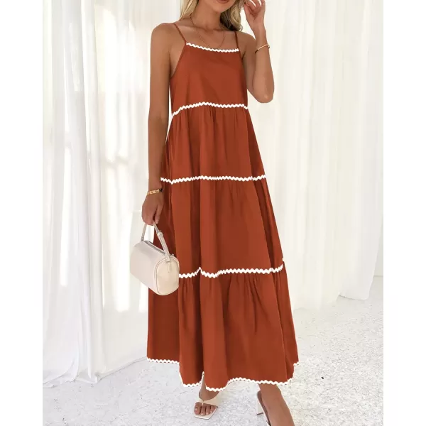 BTFBM Boho Summer Dresses 2024 Vacation Spaghetti Strap Backless RIC Rac Trim Tiered ALine Long Casual Swing SundressSolid Brick Red