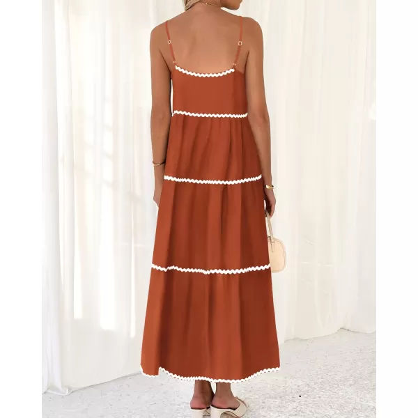 BTFBM Boho Summer Dresses 2024 Vacation Spaghetti Strap Backless RIC Rac Trim Tiered ALine Long Casual Swing SundressSolid Brick Red