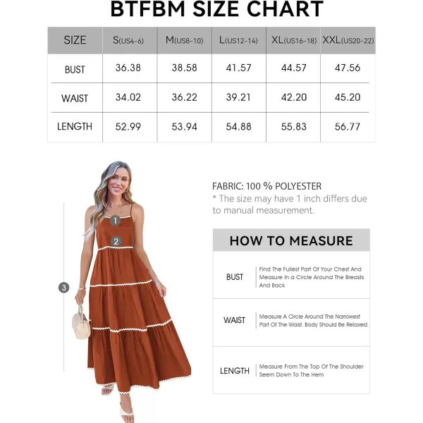 BTFBM Boho Summer Dresses 2024 Vacation Spaghetti Strap Backless RIC Rac Trim Tiered ALine Long Casual Swing SundressSolid Brick Red