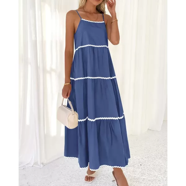 BTFBM Boho Summer Dresses 2024 Vacation Spaghetti Strap Backless RIC Rac Trim Tiered ALine Long Casual Swing SundressSolid Dark Blue