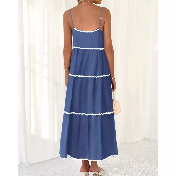 BTFBM Boho Summer Dresses 2024 Vacation Spaghetti Strap Backless RIC Rac Trim Tiered ALine Long Casual Swing SundressSolid Dark Blue