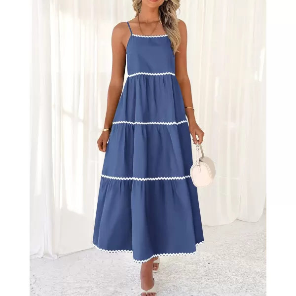 BTFBM Boho Summer Dresses 2024 Vacation Spaghetti Strap Backless RIC Rac Trim Tiered ALine Long Casual Swing SundressSolid Dark Blue