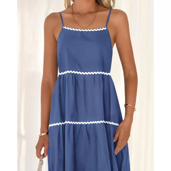BTFBM Boho Summer Dresses 2024 Vacation Spaghetti Strap Backless RIC Rac Trim Tiered ALine Long Casual Swing SundressSolid Dark Blue