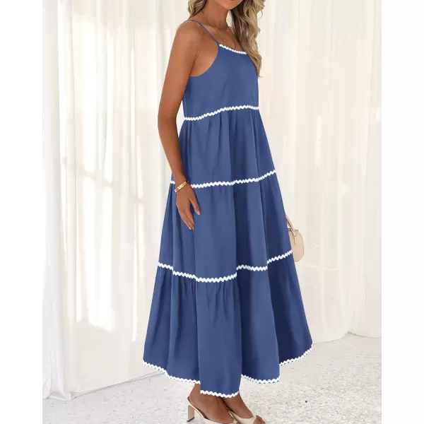BTFBM Boho Summer Dresses 2024 Vacation Spaghetti Strap Backless RIC Rac Trim Tiered ALine Long Casual Swing SundressSolid Dark Blue