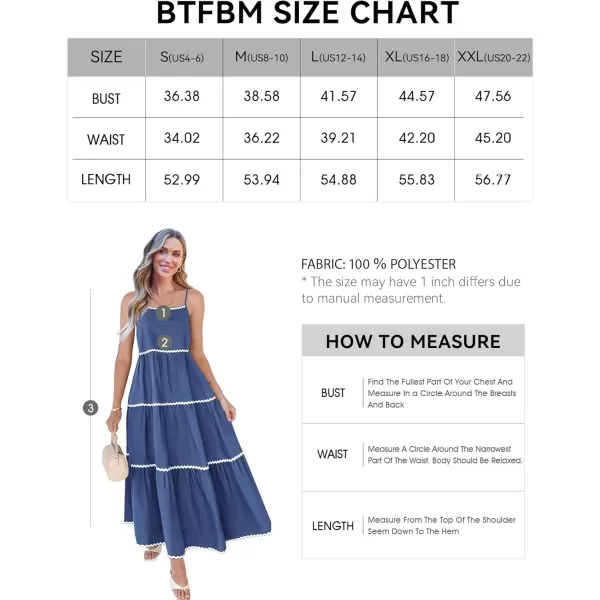 BTFBM Boho Summer Dresses 2024 Vacation Spaghetti Strap Backless RIC Rac Trim Tiered ALine Long Casual Swing SundressSolid Dark Blue