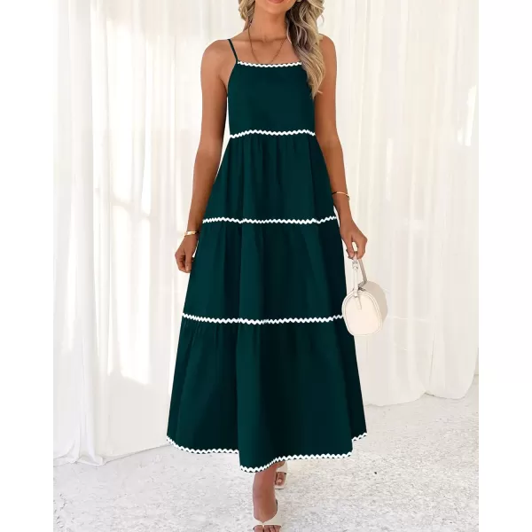 BTFBM Boho Summer Dresses 2024 Vacation Spaghetti Strap Backless RIC Rac Trim Tiered ALine Long Casual Swing SundressSolid Green