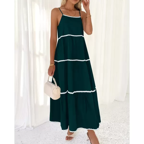 BTFBM Boho Summer Dresses 2024 Vacation Spaghetti Strap Backless RIC Rac Trim Tiered ALine Long Casual Swing SundressSolid Green