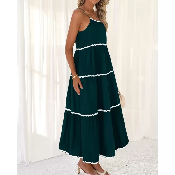 BTFBM Boho Summer Dresses 2024 Vacation Spaghetti Strap Backless RIC Rac Trim Tiered ALine Long Casual Swing SundressSolid Green
