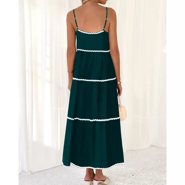 BTFBM Boho Summer Dresses 2024 Vacation Spaghetti Strap Backless RIC Rac Trim Tiered ALine Long Casual Swing SundressSolid Green