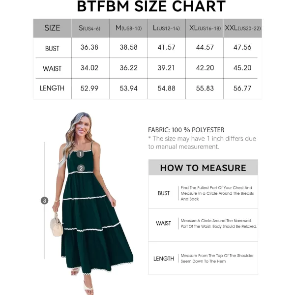 BTFBM Boho Summer Dresses 2024 Vacation Spaghetti Strap Backless RIC Rac Trim Tiered ALine Long Casual Swing SundressSolid Green