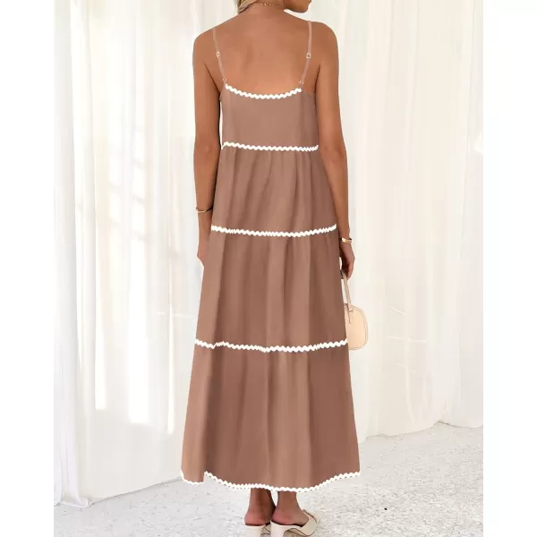 BTFBM Boho Summer Dresses 2024 Vacation Spaghetti Strap Backless RIC Rac Trim Tiered ALine Long Casual Swing SundressSolid Khaki