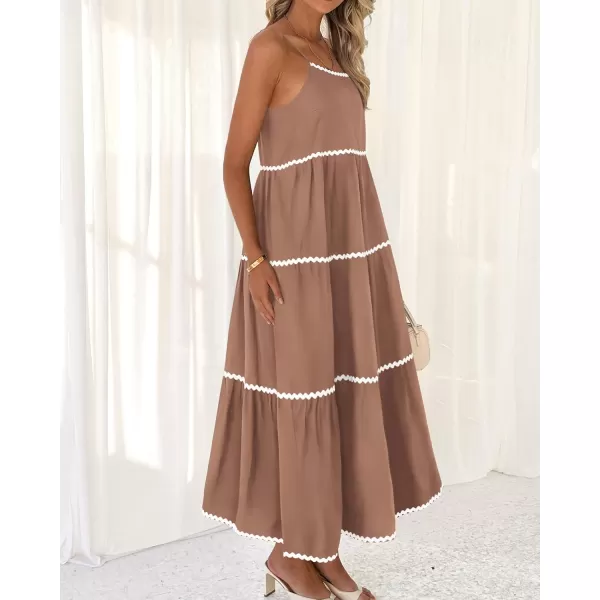 BTFBM Boho Summer Dresses 2024 Vacation Spaghetti Strap Backless RIC Rac Trim Tiered ALine Long Casual Swing SundressSolid Khaki