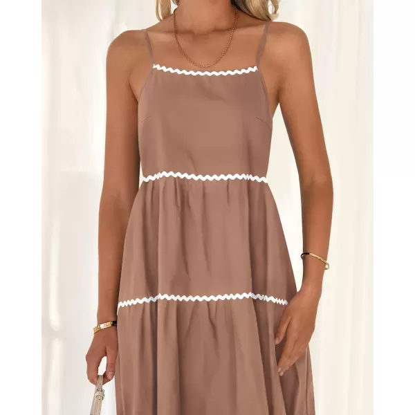 BTFBM Boho Summer Dresses 2024 Vacation Spaghetti Strap Backless RIC Rac Trim Tiered ALine Long Casual Swing SundressSolid Khaki