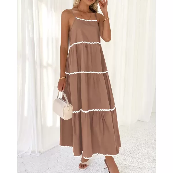 BTFBM Boho Summer Dresses 2024 Vacation Spaghetti Strap Backless RIC Rac Trim Tiered ALine Long Casual Swing SundressSolid Khaki