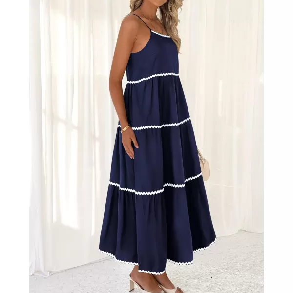 BTFBM Boho Summer Dresses 2024 Vacation Spaghetti Strap Backless RIC Rac Trim Tiered ALine Long Casual Swing SundressSolid Navy