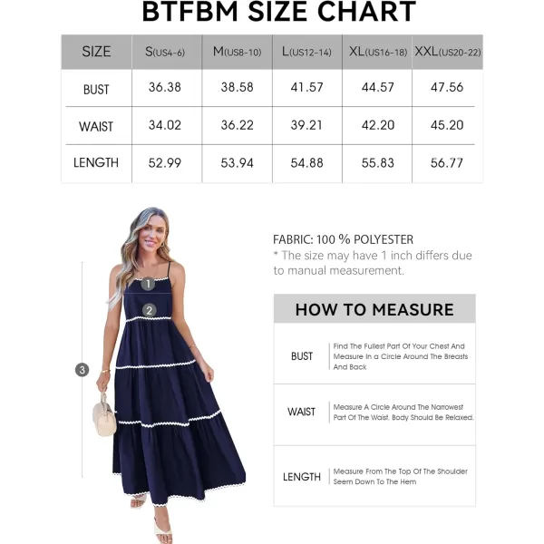 BTFBM Boho Summer Dresses 2024 Vacation Spaghetti Strap Backless RIC Rac Trim Tiered ALine Long Casual Swing SundressSolid Navy