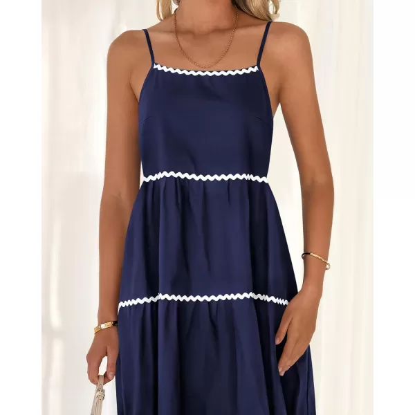 BTFBM Boho Summer Dresses 2024 Vacation Spaghetti Strap Backless RIC Rac Trim Tiered ALine Long Casual Swing SundressSolid Navy