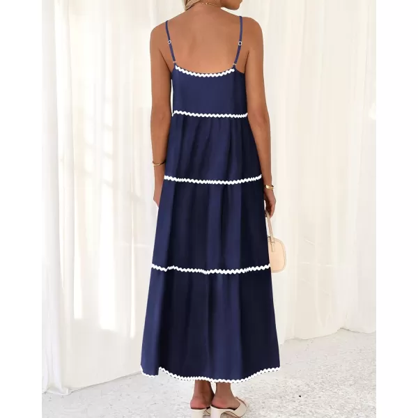 BTFBM Boho Summer Dresses 2024 Vacation Spaghetti Strap Backless RIC Rac Trim Tiered ALine Long Casual Swing SundressSolid Navy