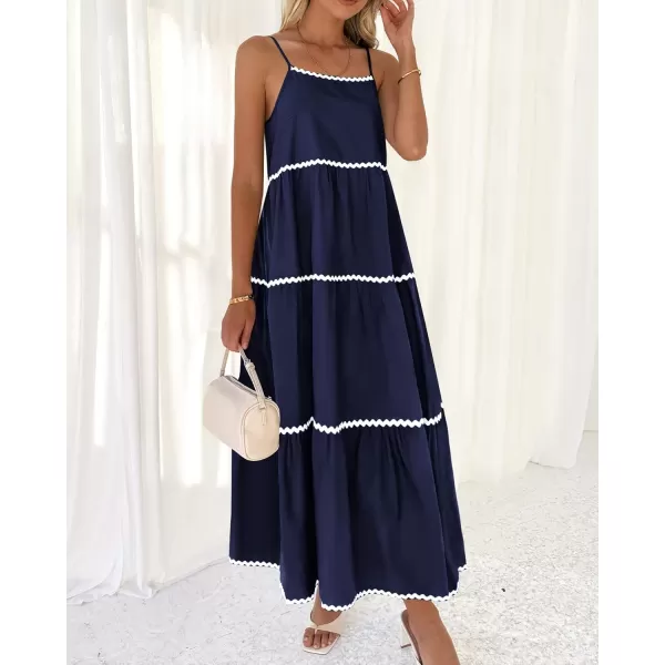 BTFBM Boho Summer Dresses 2024 Vacation Spaghetti Strap Backless RIC Rac Trim Tiered ALine Long Casual Swing SundressSolid Navy