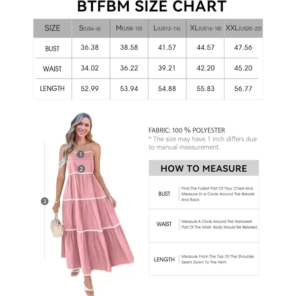 BTFBM Boho Summer Dresses 2024 Vacation Spaghetti Strap Backless RIC Rac Trim Tiered ALine Long Casual Swing SundressSolid Pink