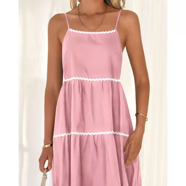 BTFBM Boho Summer Dresses 2024 Vacation Spaghetti Strap Backless RIC Rac Trim Tiered ALine Long Casual Swing SundressSolid Pink
