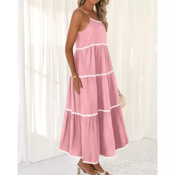 BTFBM Boho Summer Dresses 2024 Vacation Spaghetti Strap Backless RIC Rac Trim Tiered ALine Long Casual Swing SundressSolid Pink