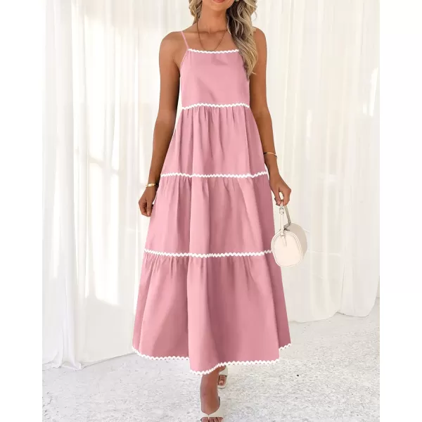 BTFBM Boho Summer Dresses 2024 Vacation Spaghetti Strap Backless RIC Rac Trim Tiered ALine Long Casual Swing SundressSolid Pink
