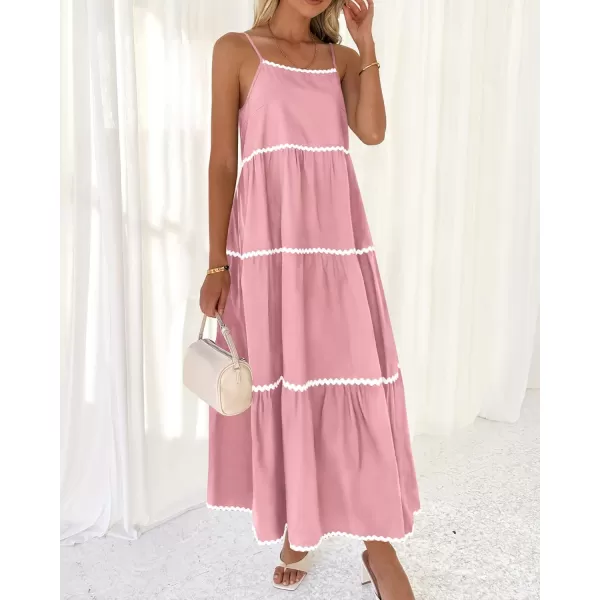 BTFBM Boho Summer Dresses 2024 Vacation Spaghetti Strap Backless RIC Rac Trim Tiered ALine Long Casual Swing SundressSolid Pink