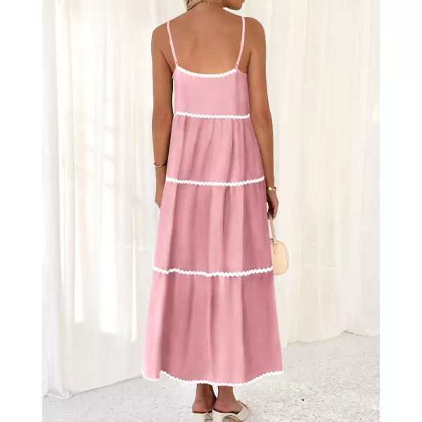 BTFBM Boho Summer Dresses 2024 Vacation Spaghetti Strap Backless RIC Rac Trim Tiered ALine Long Casual Swing SundressSolid Pink