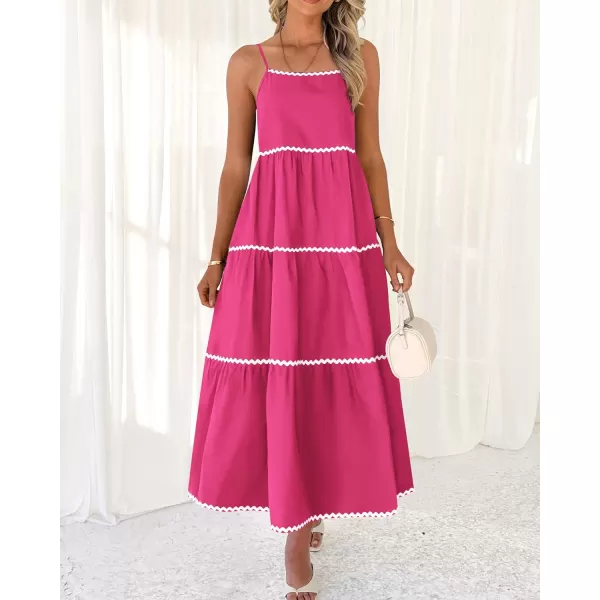 BTFBM Boho Summer Dresses 2024 Vacation Spaghetti Strap Backless RIC Rac Trim Tiered ALine Long Casual Swing SundressSolid Rose Red