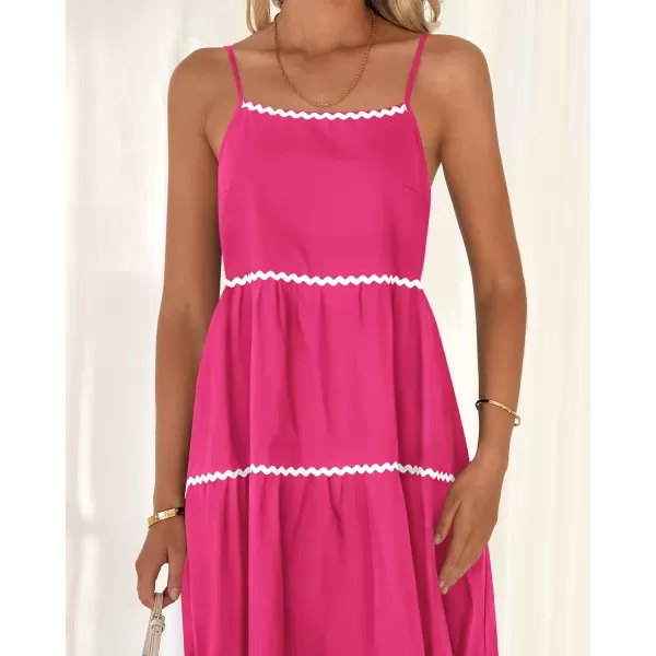 BTFBM Boho Summer Dresses 2024 Vacation Spaghetti Strap Backless RIC Rac Trim Tiered ALine Long Casual Swing SundressSolid Rose Red