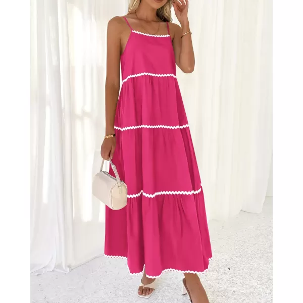 BTFBM Boho Summer Dresses 2024 Vacation Spaghetti Strap Backless RIC Rac Trim Tiered ALine Long Casual Swing SundressSolid Rose Red