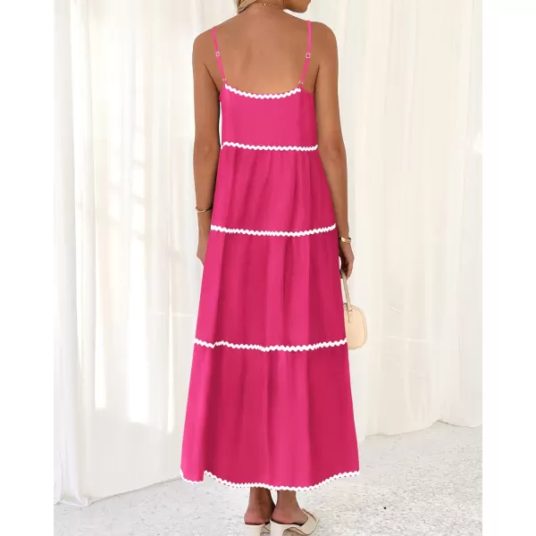 BTFBM Boho Summer Dresses 2024 Vacation Spaghetti Strap Backless RIC Rac Trim Tiered ALine Long Casual Swing SundressSolid Rose Red