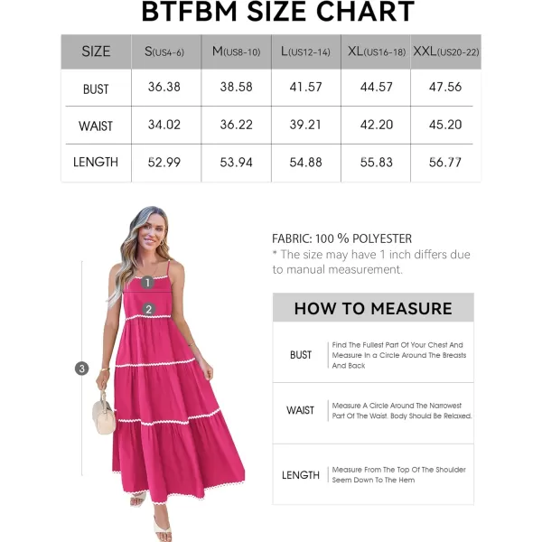 BTFBM Boho Summer Dresses 2024 Vacation Spaghetti Strap Backless RIC Rac Trim Tiered ALine Long Casual Swing SundressSolid Rose Red