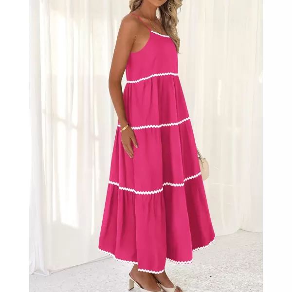BTFBM Boho Summer Dresses 2024 Vacation Spaghetti Strap Backless RIC Rac Trim Tiered ALine Long Casual Swing SundressSolid Rose Red