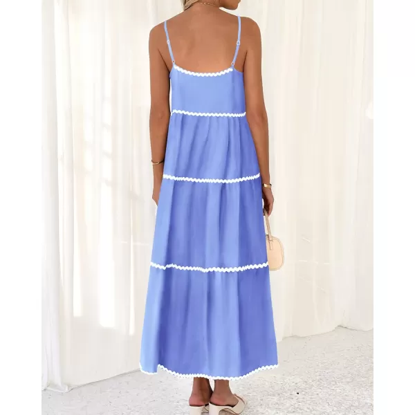 BTFBM Boho Summer Dresses 2024 Vacation Spaghetti Strap Backless RIC Rac Trim Tiered ALine Long Casual Swing SundressSolid Sky Blue