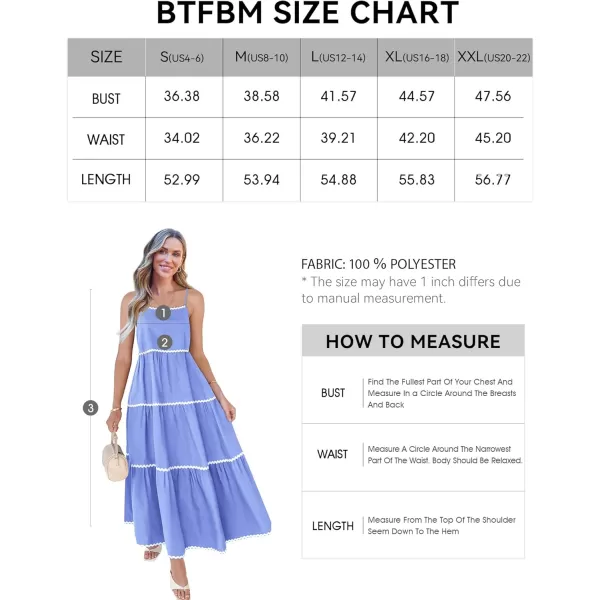 BTFBM Boho Summer Dresses 2024 Vacation Spaghetti Strap Backless RIC Rac Trim Tiered ALine Long Casual Swing SundressSolid Sky Blue
