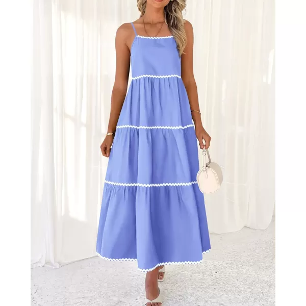BTFBM Boho Summer Dresses 2024 Vacation Spaghetti Strap Backless RIC Rac Trim Tiered ALine Long Casual Swing SundressSolid Sky Blue