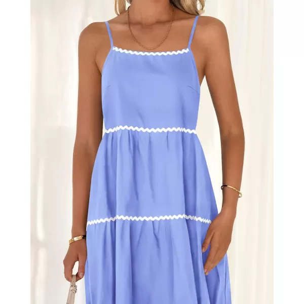 BTFBM Boho Summer Dresses 2024 Vacation Spaghetti Strap Backless RIC Rac Trim Tiered ALine Long Casual Swing SundressSolid Sky Blue