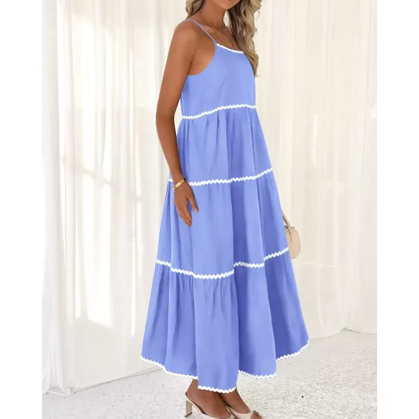 BTFBM Boho Summer Dresses 2024 Vacation Spaghetti Strap Backless RIC Rac Trim Tiered ALine Long Casual Swing SundressSolid Sky Blue