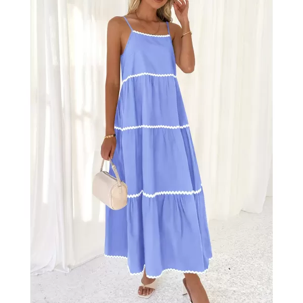 BTFBM Boho Summer Dresses 2024 Vacation Spaghetti Strap Backless RIC Rac Trim Tiered ALine Long Casual Swing SundressSolid Sky Blue
