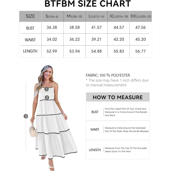 BTFBM Boho Summer Dresses 2024 Vacation Spaghetti Strap Backless RIC Rac Trim Tiered ALine Long Casual Swing SundressSolid White