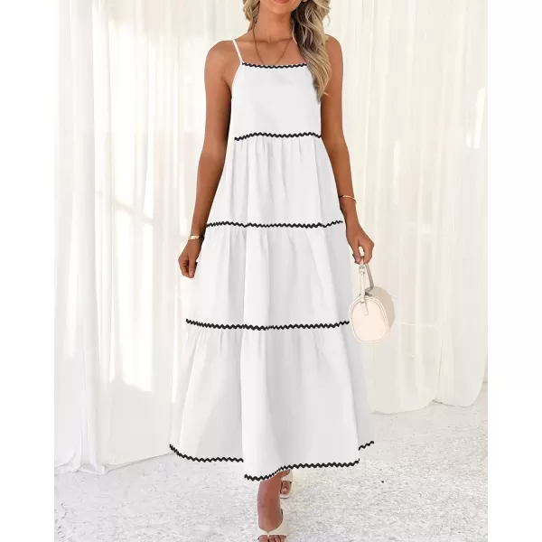 BTFBM Boho Summer Dresses 2024 Vacation Spaghetti Strap Backless RIC Rac Trim Tiered ALine Long Casual Swing SundressSolid White