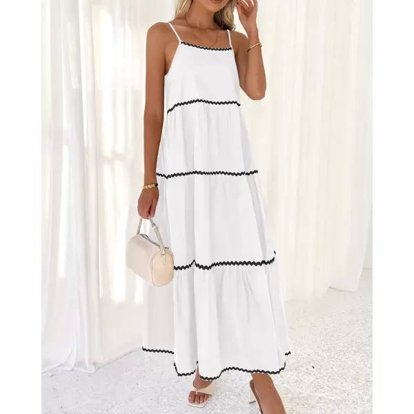 BTFBM Boho Summer Dresses 2024 Vacation Spaghetti Strap Backless RIC Rac Trim Tiered ALine Long Casual Swing SundressSolid White