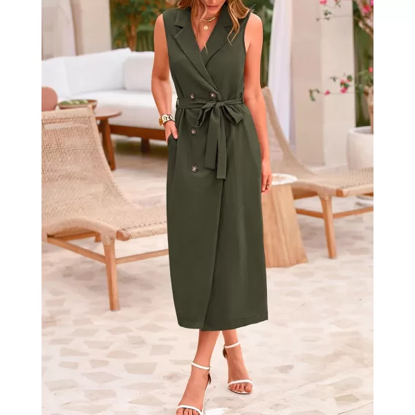 BTFBM Casual Business Dress 2024 Summer Work Office Lapel V Neck Slit Belted Sleeveless Button Down Dresses with PocketsSolid Army Green
